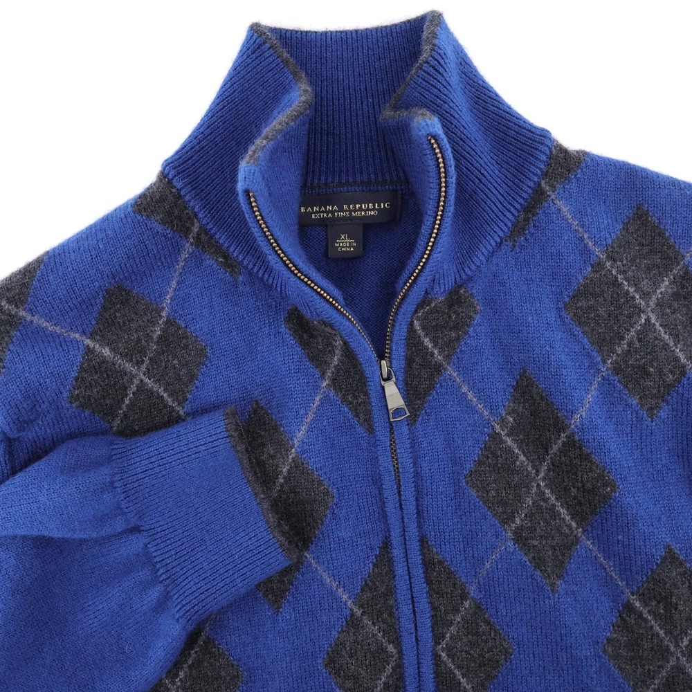 Banana Republic Argyle Full Zip 100% Extra Fine Merino Sweater Blue Mens XL